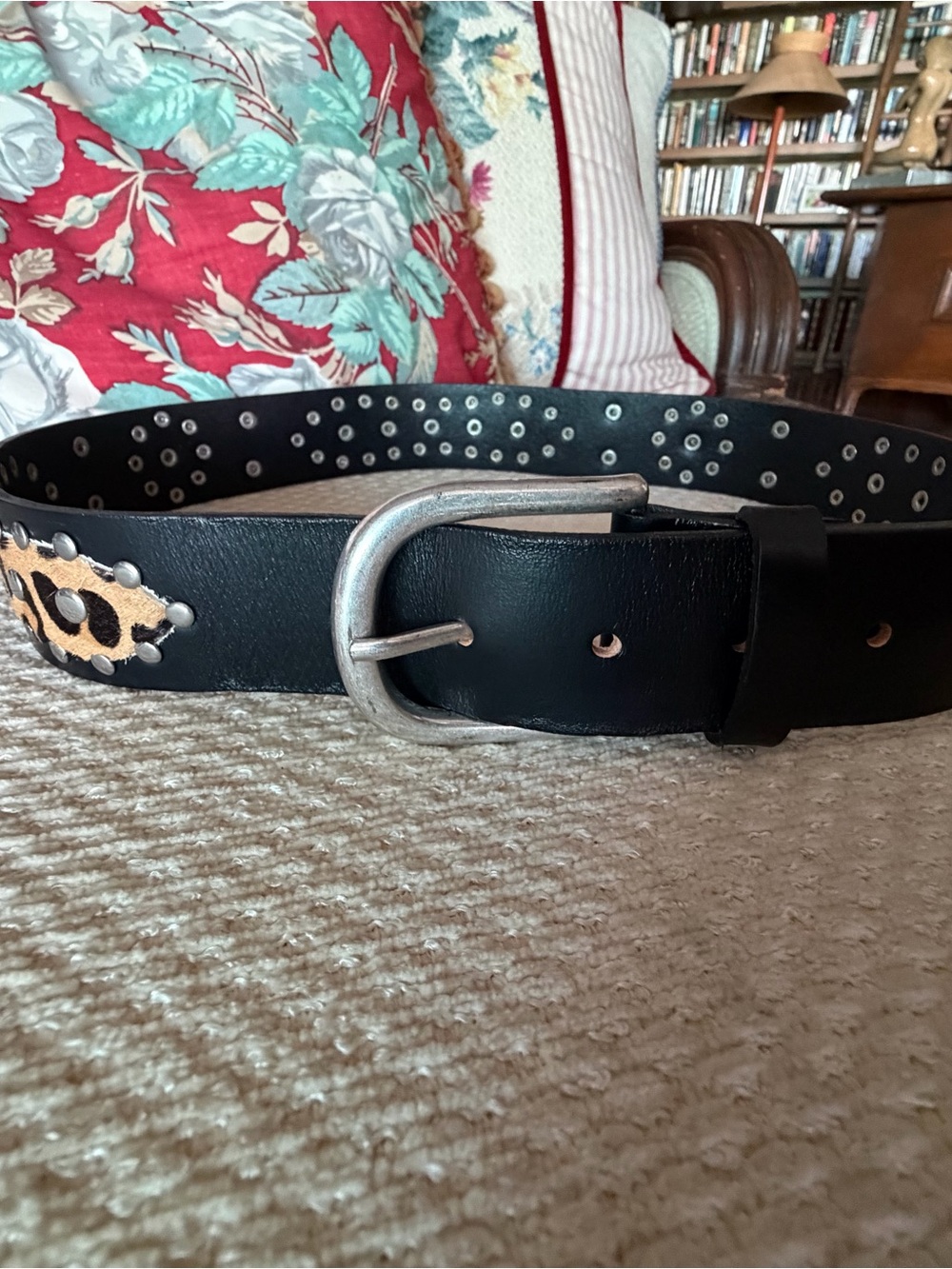 Zara Black Studded Leather Belt with Animal Print Accent, size 38/medium